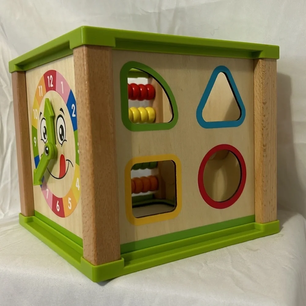 Toddler Learning Cube Toy Wooden Gears Abacus Clock Shape Montessori 7 in x 7 in - Picture 3 of 10